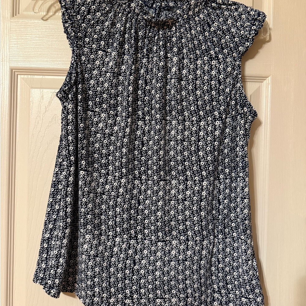 Adrianna Papell Navy White Floral Stretch Knit Ruffled Neck Cap Sleeve Blouse